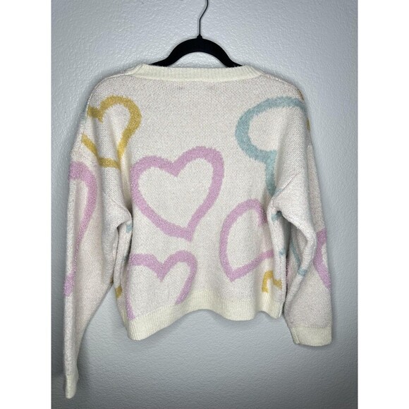 Threaded Leaf Sweater Womens Medium Cream Pastel Hearts Crewneck Pullover Fuzzy - Picture 6 of 6